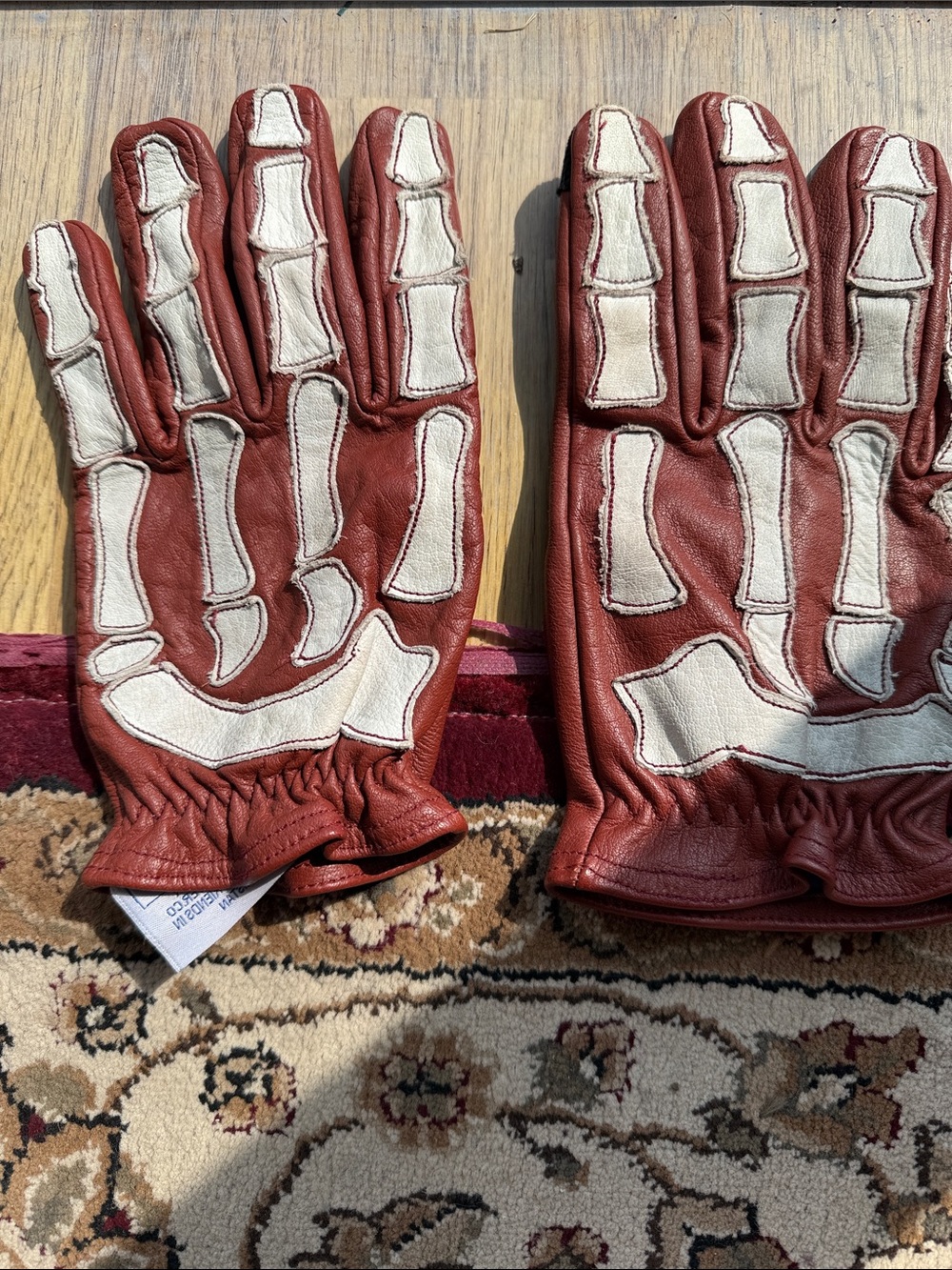 Men's Red Leather Gloves with White Skeleton Stitch Detail - Picture 5 of 9